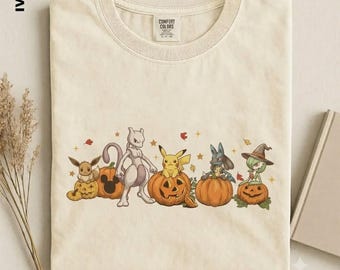 Koszulka z motywem Halloween w stylu vintage z Pokemonami, wygodna, jesienna koszulka z dynią, koszulka z Mewtwo Pikachu Eevee Lucario Gardevoir, upiorny prezent na sezon