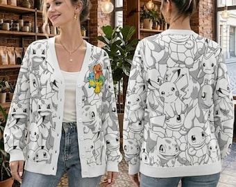 Original Starters Pokemon Knitted Cardigan, Anime Button Up Sweater, Gift for Gamer Girl, Oversized White Knit Cardigan, Cute Gamer Fashion