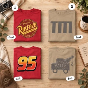 May include: Four t-shirts displayed on a wooden surface. Two red shirts feature a yellow Rust-eze logo and the number 95. Two tan shirts feature the letters TM and a graphic of a tow truck with the text Tow Mater Towing & Salvage.