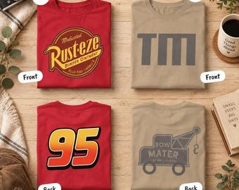 May include: Four t-shirts displayed on a wooden surface. Two red shirts feature a yellow Rust-eze logo and the number 95. Two tan shirts feature the letters TM and a graphic of a tow truck with the text Tow Mater Towing & Salvage.