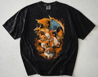Fire Type Evolution Pokemon Shirt, Comfor Colors Vintage Charmander Charmeleon Charizard Retro Graphic Tee, Gift for Poke Fan, Birthday Gift