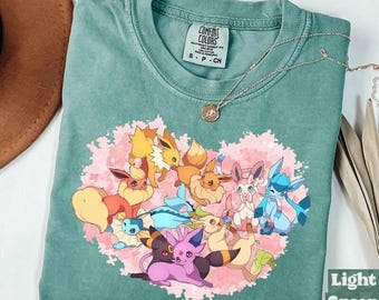 Comfort Colors Eevee Evolutions Heart Shirt, Eeveelutions Floral Tee, Cherry Blossom Anime Shirt, Flareon Vaporeon Umbreon Sylveon Shirt