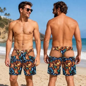 May include: Swim trunks featuring a repeating pattern of orange dragon-like creatures surrounded by blue and yellow flames. The shorts have a white drawstring at the waist and large cutouts on the sides and back, exposing the skin on the hips and glutes.