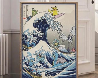 Japanese Surf Pokemon Poster, Pikachu Squirtle Great Wave Wall Art, Ukiyo-e Style Pokemon Print, Totodile Lapras Lugia Decor, Otaku Gift
