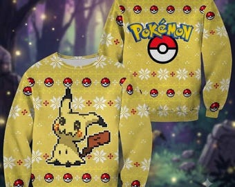 Cute Mimikyu Ugly Sweater 2026, Yellow Pokemon Holiday Jumper, Pixel Art Christmas Sweatshirt, Gamer Gift, Anime Christmas Gift