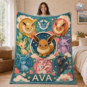 Pokemon Pikachu Vaporeon Flareon Espeon Umbreon Sylveon Blanket Soft Throw, P0kemon Flannel Throw, Anime Lover Bedroom Decor Present