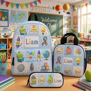 May include: A light blue backpack, lunch bag, and pencil case set featuring cartoon school supplies, globes, and puzzle pieces. Each item displays the name Liam in colorful letters and includes an autism awareness ribbon pattern.