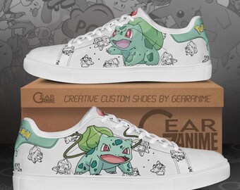 Pokemon Bulbasaur Sneakers, Low Top Canvas Shoes, Anime Hand Painted Trainers, Gift for Gamer, Streetwear Footwear