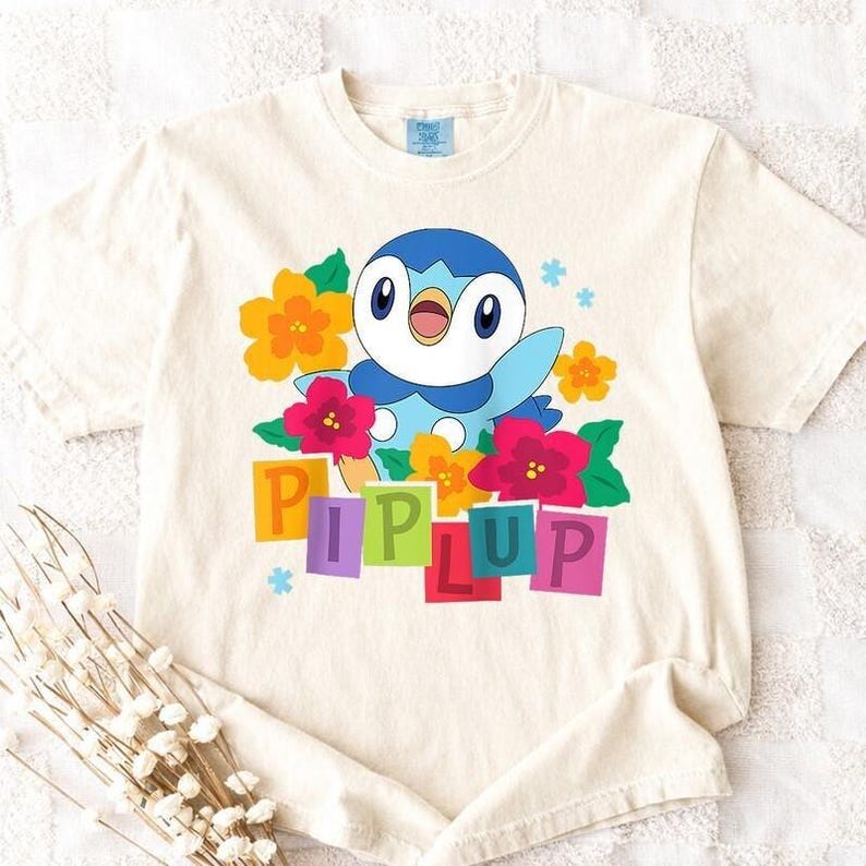 Piplup Pokémon Comfort Colors Shirt, Happy Piplup Colorful Floral Tee, Kawaii Anime Flower T-Shirt, Pastel Aesthetic Piplup Gift, Pkm Gifts image 2