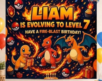 Personalized Pokemon Birthday Tapestry, Custom Name, Age Banner Birthday Party Decor, Charmander Charmeleon Charizard Birthday Backdrop