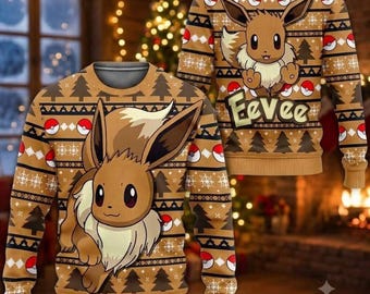 Eevee Pokemon Ugly Sweater, Custom Anime Holiday Jumper, Christmas Party Sweatshirt, Gaming Gift For Fans