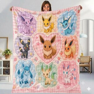 Cute Eeveelutions Pokemon Plush Blanket, Eevee Evolution Heart Quilt, Kawaii Fleece Throw, Gift For Son Daughter, Animal Bedding Decor
