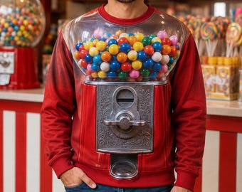 May include: A red long-sleeve sweatshirt featuring a large, realistic graphic print of a vintage gumball machine on the front. The design includes a clear, rounded globe filled with colorful gumballs and a metallic-toned dispensing mechanism.