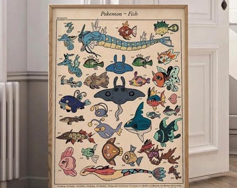 Fish Type Pokemon Poster, Vintage Gyarados Magikarp Wall Art, Cute Water Type Anime Print, Mantine Lanturn Seadra Decor, Gamer Room Decor