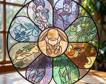 Eevee Evolution Stained Glass Suncatcher, Eeveelutions Wheel Window Hanging, Pokemon Sun Catcher Glass Art, Gamer Room Decor, Gift For Her