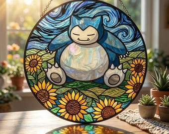 Snorlax Starry Night Stained Glass Suncatcher, Cute Sunflower Window Hanging, Kawaii Sleeping Monster Decor, Gamer Gift, Pokemon Home Decor