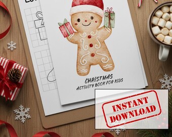 Puede incluir: Un libro de actividades navideñas para niños con un hombre de jengibre de acuarela con un gorro de Papá Noel y sosteniendo regalos. El libro está sobre una superficie de madera con una cinta roja, un regalo envuelto y una taza de chocolate caliente.