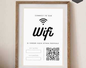 Rolig WiFi-lösenordsskylt - Ignorera varandra ordentligt | QR-kod | Svartvit väggkonst | AirBnB-välkommen | Redigerbar Canva-mall