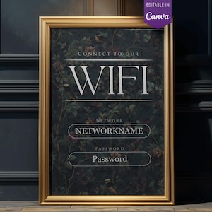 May include: A framed sign with a gold border, displaying WiFi information. The background features a dark floral pattern. Text includes "CONNECT TO OUR WIFI", "NETWORK", "NETWORKNAME", and "PASSWORD". The sign is labeled "EDITABLE IN Canva".