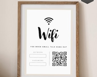 Rolig WiFi-lösenordsskylt - När småpratet tar slut | QR-kod | Modern väggkonst | Airbnb-välkomstskylt | Utskrivbar digital produkt