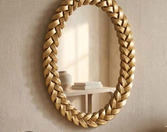 Gold Braided Oval Mirror, Antique Wall Mirror, Handcrafted Ornate Woven Frame, Vintage Vanity Decor