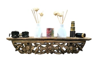 Hand-Carved Mango Wood Floating Shelf | Vintage Floral Decor