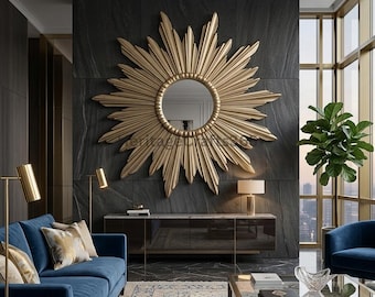 Gold Sunburst Mirror Frame, Large 46" Sunburst Wall Decor, Decorative MDF Wall Panel, Mid Century Style Mirror Frame