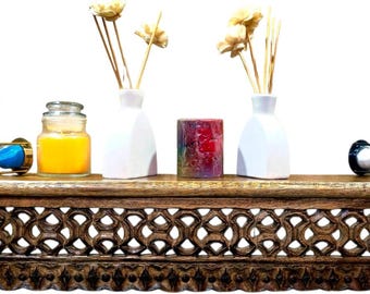 Rustic Mango Wood Hand-Carved Wall Floating Shelf – Natural Wood for Living Room, Bedroom, Kitchen