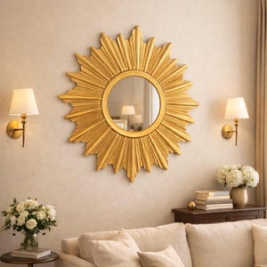 Vintage Style Sunburst Mirror – Decorative Wooden Frame, Boho Home Decor (23.5") image 3