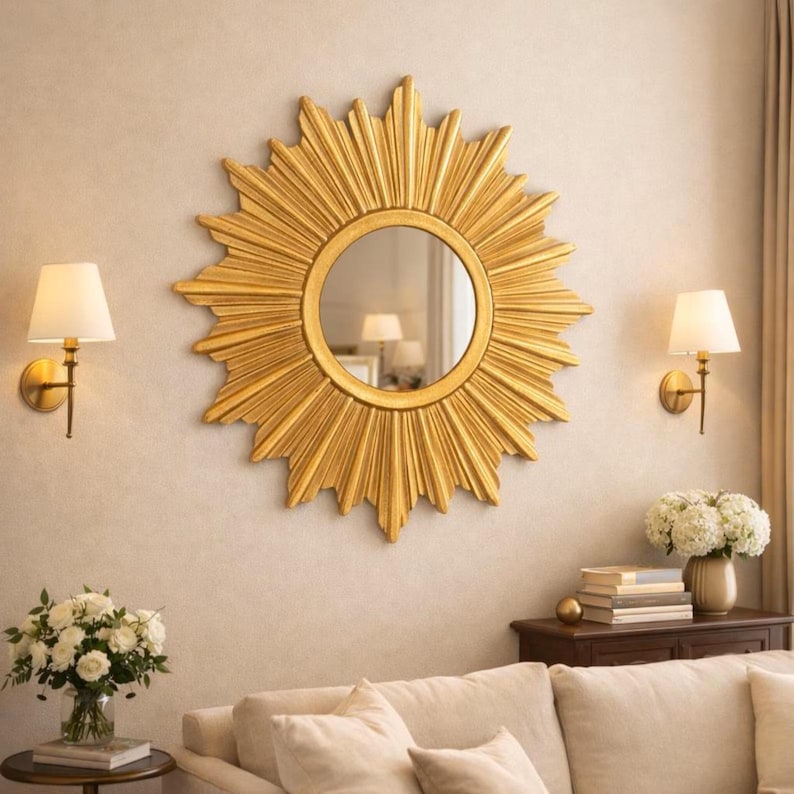 Vintage Style Sunburst Mirror – Decorative Wooden Frame, Boho Home Decor (23.5") image 3