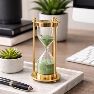 May include: A gold-colored hourglass with green sand, set on a marble tray. The hourglass is a decorative item, likely for a desk or home decor. Other items on the tray include a pen and a small succulent plant.