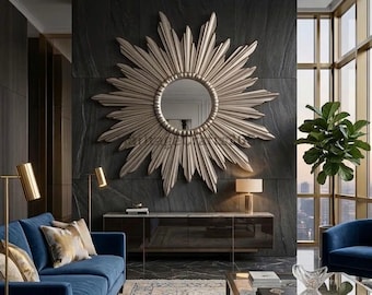 Sunburst Mirror Frame - Single Piece, Large 46", Silver/Golden Leaf Finish, Decorative MDF Wall Panel, Mid Century Style
