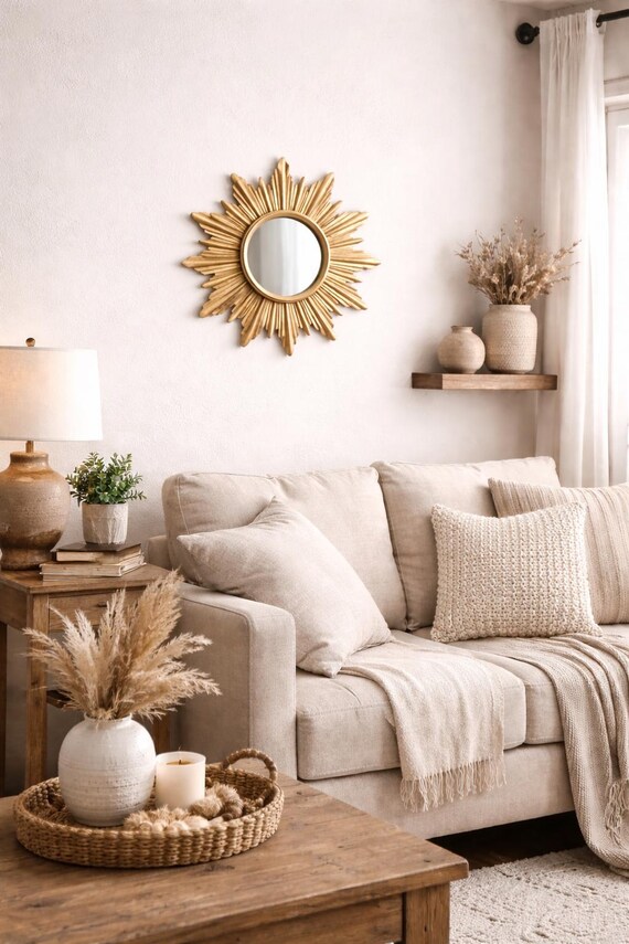 Vintage Style Sunburst Mirror – Decorative Wooden Frame, Boho Home Decor (23.5")