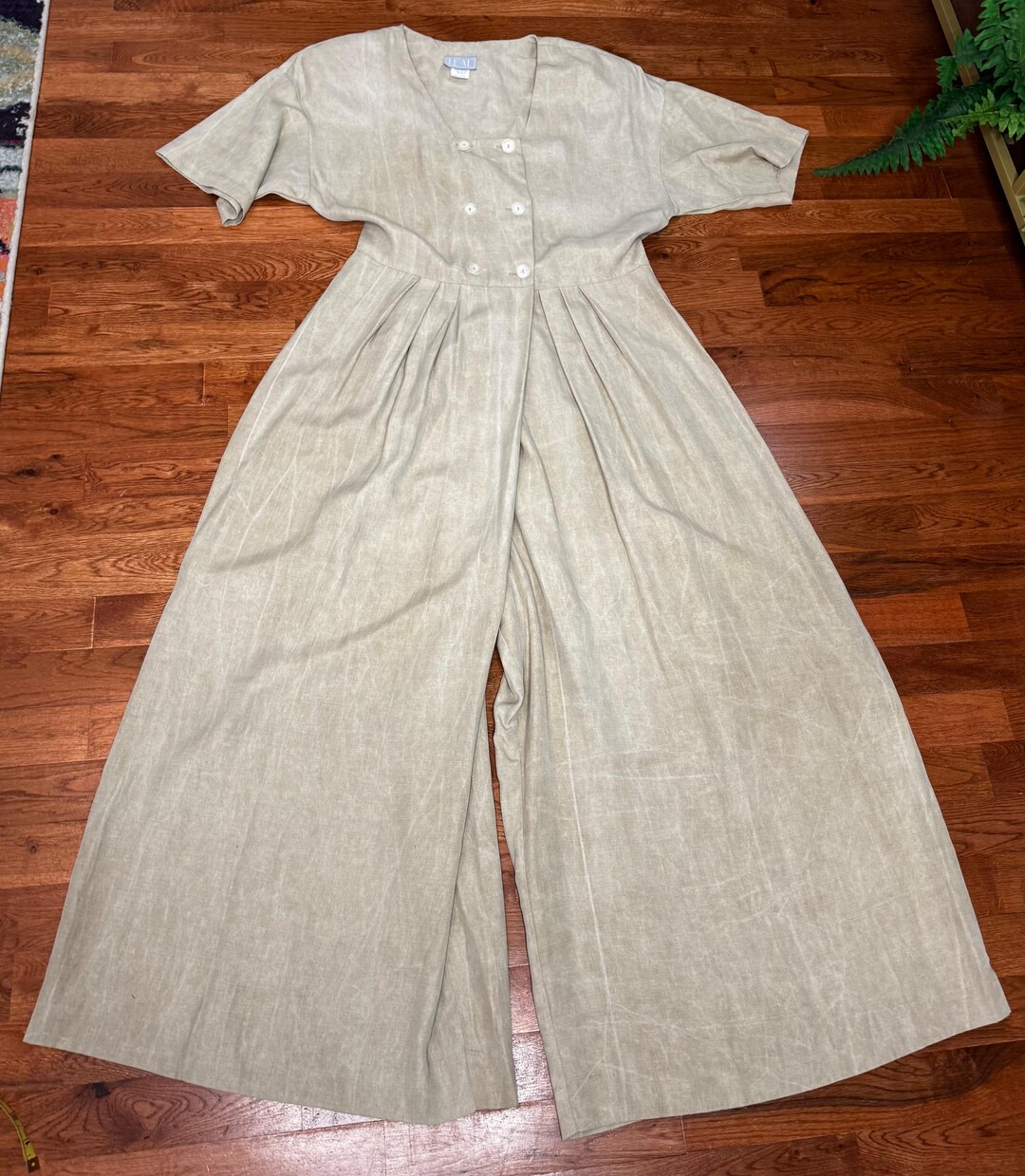 Vintage LEAIL Beige Linen Blend Wide Leg Jumpsuit | Minimalist Pleated ...