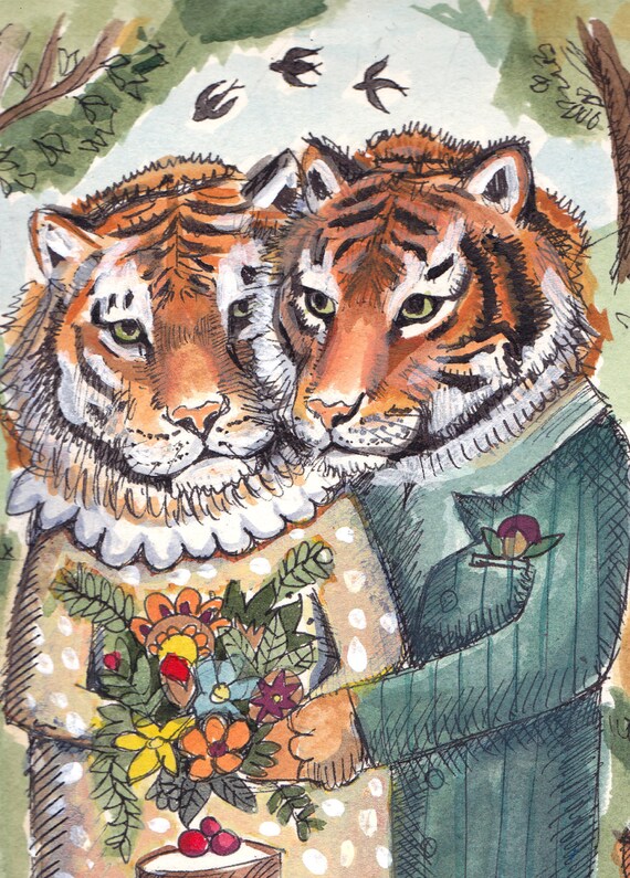 Illustrated Tiger Print Tiger Couple Print Hipster Animal Etsy