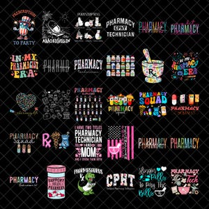 May include: A collection of pharmacy-themed graphics on a black background. Designs include text like "Pharmacy Technician," "Pharmacy Squad," and "Support Your Local Pharmers." Other graphics feature pills, mortars, and a dinosaur.