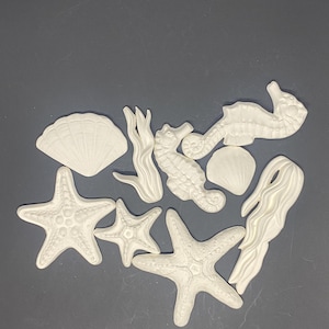 May include: A collection of white ceramic sea creatures, including starfish, seahorses, seashells, and seaweed. The various shapes and sizes of the marine life are arranged on a dark gray surface.