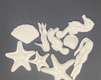 Sea Horse, shells, starfish, and coral. Ceramic Bisque Unpainted Ready to Paint DIY