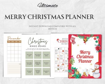 May include: A collection of Christmas-themed printable planners. The main title reads "MERRY CHRISTMAS PLANNER" in a decorative font. Included are a December calendar, a Christmas bingo board, a 25-day Christmas bucket list, and a planner cover with a snowman.