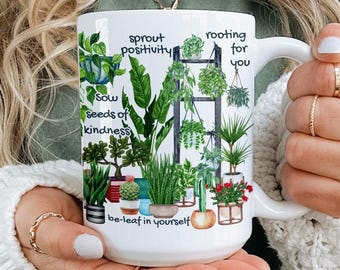 House Plant Mug, Botanical coffee cup, Indoor plant lover, houseplant, Inspirational Houseplant Affirmations, Plant Lover Gift, Plant dad