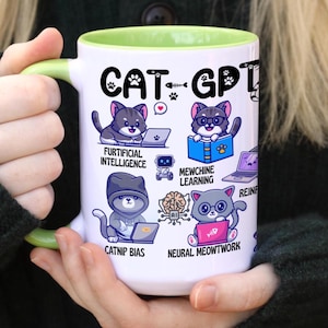 Può includere: Tazza in ceramica bianca con manico e interno verdi. La tazza presenta il testo "CAT-GPT" e illustrazioni di gatti dei cartoni animati con laptop, libri e un robot. Il design della tazza include le frasi "Furtificial Intelligence", "Mewchine Learning", "Catnip Bias" e "Neural Meowtwork".