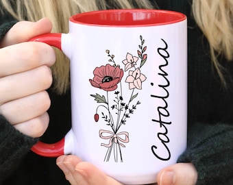 August Birthday Name Mug, Personalized Coquette Birth Flower Mug, Floral Sister Mug, Gift For Mom, Gift For Daughter, Gladiolus Mug, Poppy