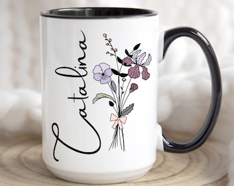 Custom Birth Flower Coffee Wildflower Mug, Personalized February Cup, Monogram Initial Name, Violet Mug, Iris Mug, Birth Month, Mothers Day