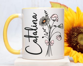 Custom Birth Flower Wildflower Mug, Personalized May Mug, April Mug, Initial Name Mug, Daisy Mug,Sweet Pea Mug, Birth Month, Mothers Day Mug
