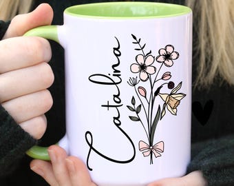 Custom Birth Flower Wildflower Mug, Personalized March Cup, Initial Name Mug, Cherry Blossom Mug, Daffodil Mug, Birth Month, Mothers Day Mug
