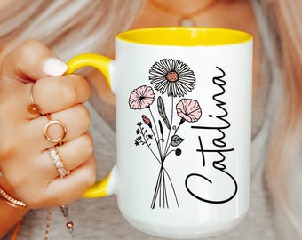 Taza personalizada con flor de nacimiento, taza personalizada de septiembre, taza con monograma y nombre inicial, taza con aster, taza con gloria de la mañana, regalo para el mes de nacimiento, Día de la Madre