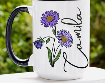 Taza con nombre de cumpleaños de septiembre, taza personalizada con flor de nacimiento, taza floral para hermana, regalo para mamá, regalo para hija, regalo para mejor amiga