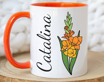 August Birthday Name Mug, Personalized Coquette Birth Flower Mug, Floral Sister Mug, Gift For Mom, Gift For Daughter, Gladiolus Mug, Poppy