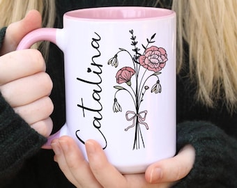 Custom Birth Flower Coffee Mug, Personalized January Cup, Monogram Initial Name, Carnation Mug, Snowdrop Mug, Birth Month Gift, Mothers Day