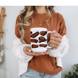 May include: White ceramic mug featuring illustrations of various steak cuts, including Hanger Steak, Sirloin, and Ribeye. The mug has a white handle and is held by a person. The mug is a kitchen and dining item.